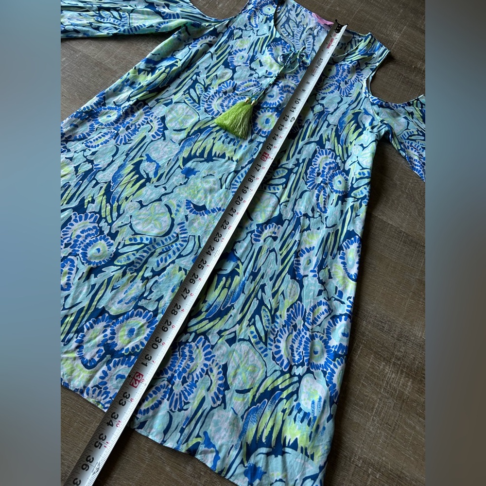 Lilly Pulitzer Cold Shoulder Dress Sz Small Tasseled Airy Blue Green EUC - Picture 10 of 12